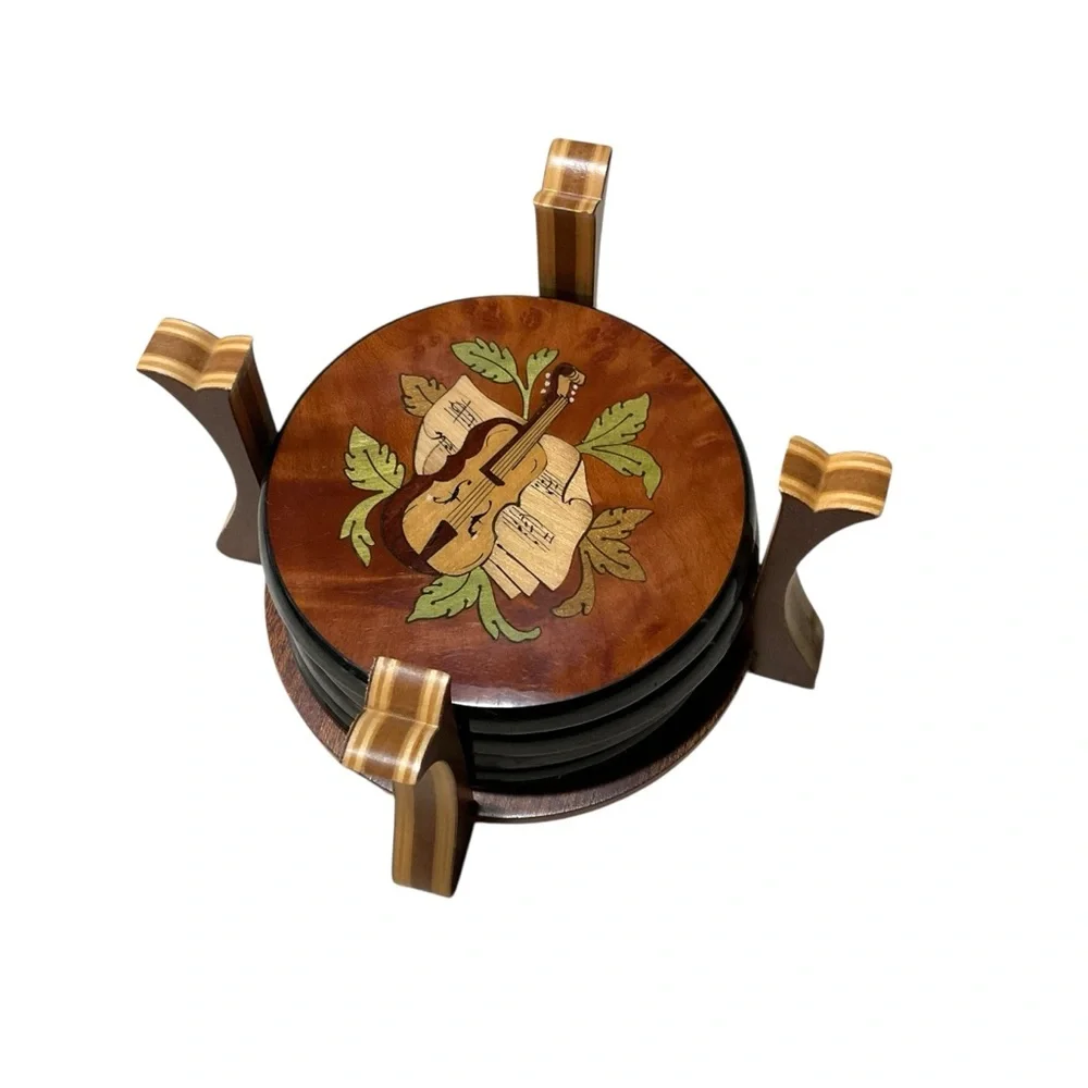 HANDMADE Italian Coaster Set of 6 Inlaid Wooden Stand Mandolin/ Violin Brown Tan